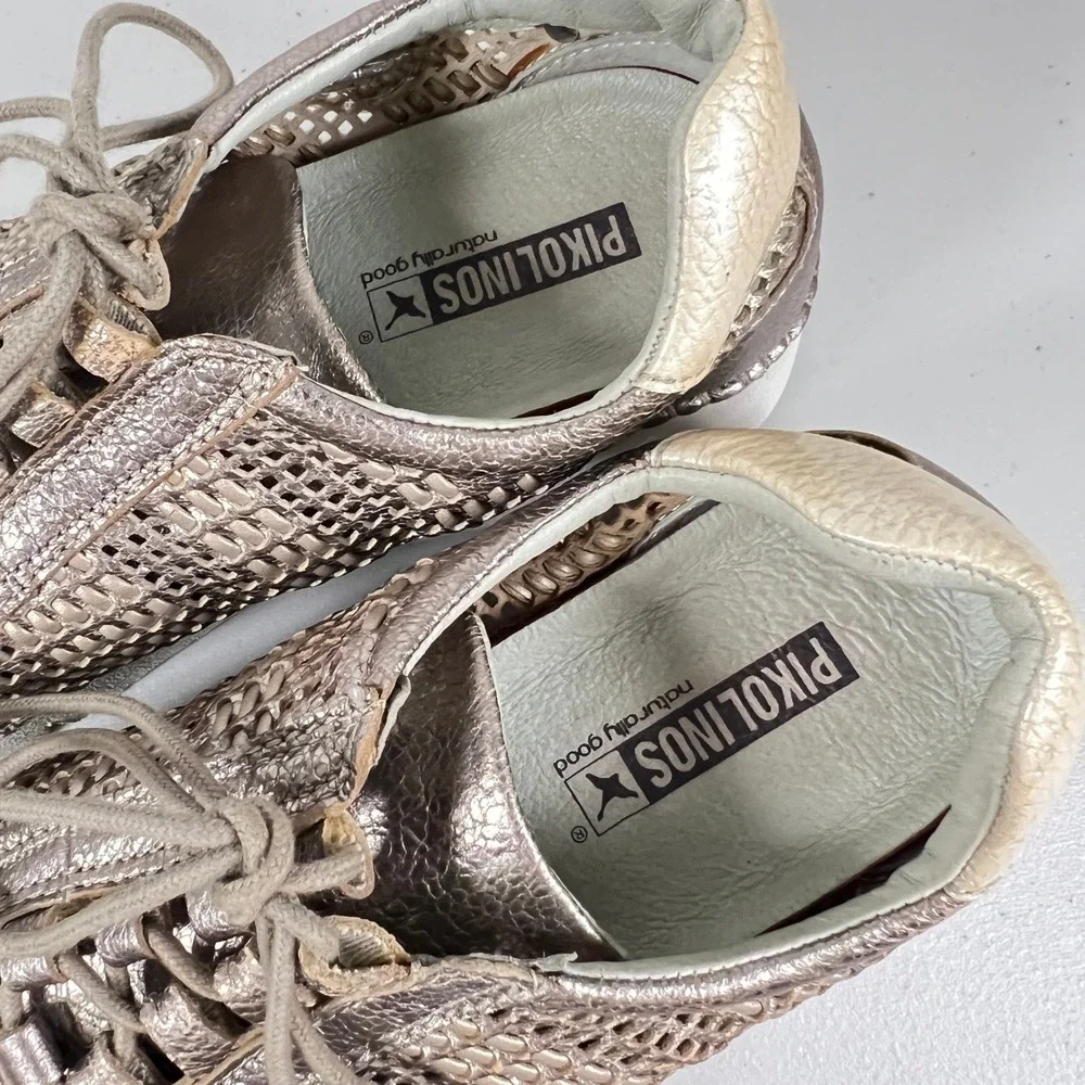 Pikolinos Metallic Gold Perforated Genuine Leather Lace‎ Up Sneakers US 37 7